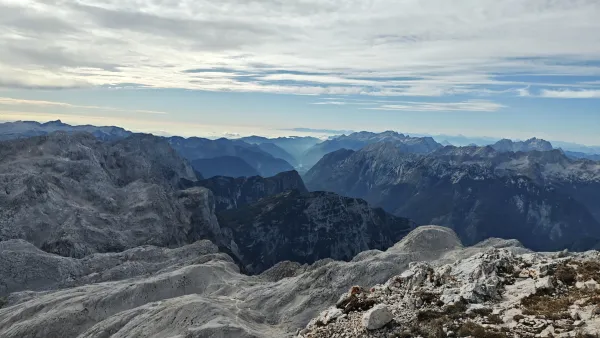 Triglav from Krma in October: up via Planika, down over Mali Triglav — Ferrata view 1/5